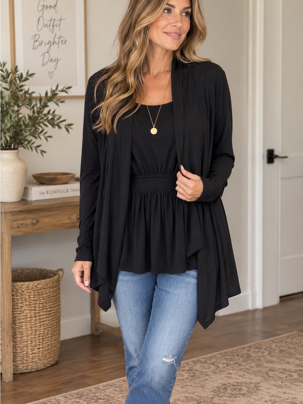 Black Draped Open Front Cardigan Tunic 2X Gathered Waist Plus Size Minimalist
